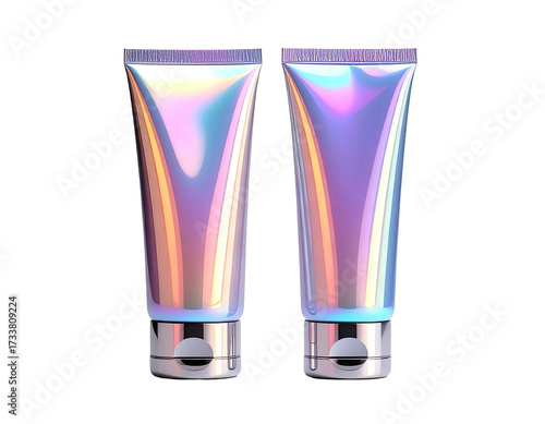 Two holographic cosmetic tubes with silver caps, isolated on a black background