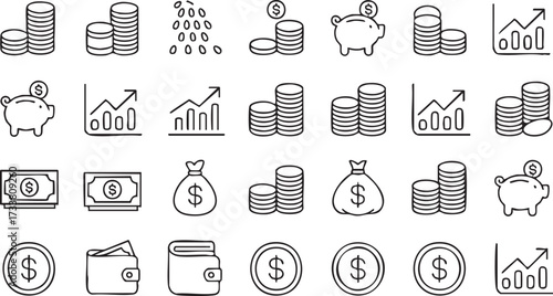 Vector Collection of Finance and Savings Icons for Money and Economy Concepts