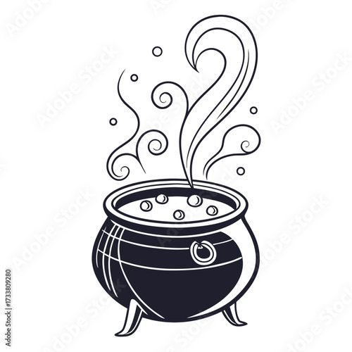 Black cauldron with bubbling potion and swirling steam