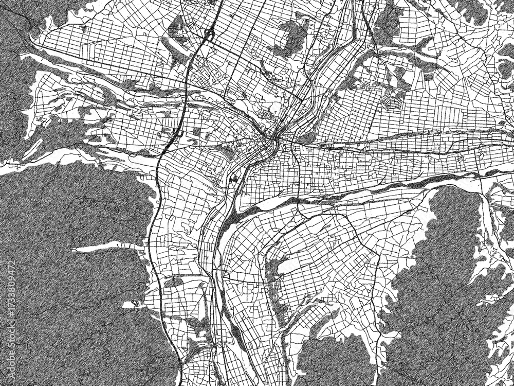 Naklejka premium City map illustration of Ina, Japan, rendered in black and white sketch style.