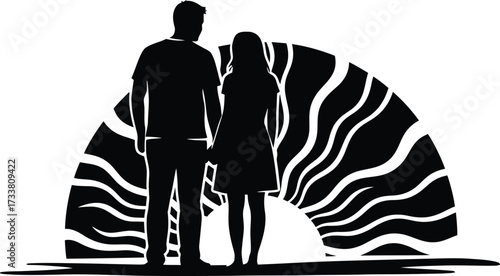 A black and white vector silhouette of a couple, a man and a woman, standing side by side looking into the distance at a large abstract, wavy sunset or rainbow shape representing hope, future, and tog
