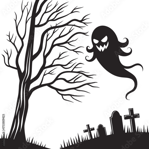 Black ghost flying over graveyard near bare tree spirit