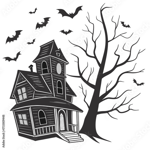 Black haunted house with bare tree and bats flying bats