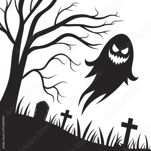 Black ghost flying over graveyard with bare tree spirit