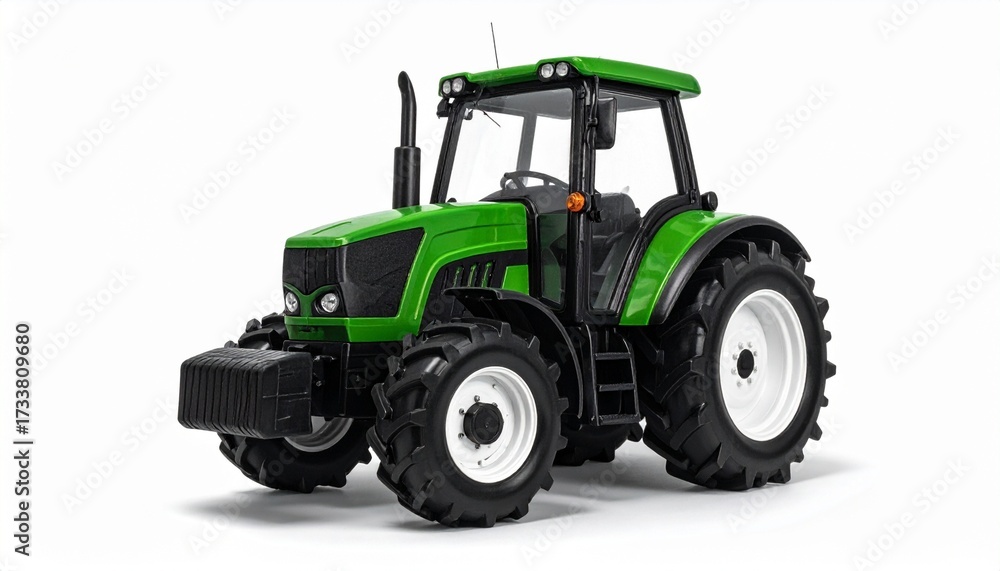 Obraz premium Green agricultural tractor with large rear wheels cab and front-mounted weight block for editorial farming machinery modern vehicle design and rural technology-themed visuals
