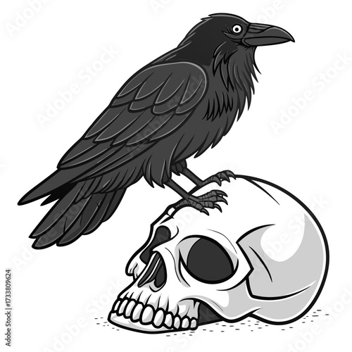 Black raven perched on a white skull crow bird 1