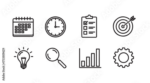 Business icons set including calendar clock clipboard target lightbulb magnifying glass graph gear vector