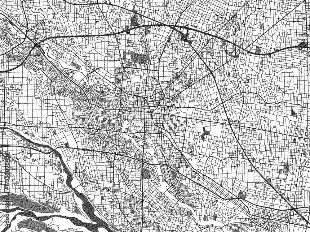 Fototapeta premium Hand-drawn style black and white city map of Isesaki, Japan, ready for wall art or editorial projects.