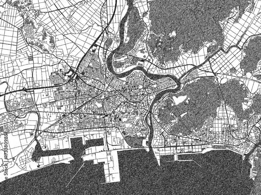 Fototapeta premium Urban black and white map of Ishinomaki, Japan, designed in a sketch style for prints.