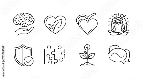 Set of hand-drawn line art icons representing health mindset growth security and connection concepts vector