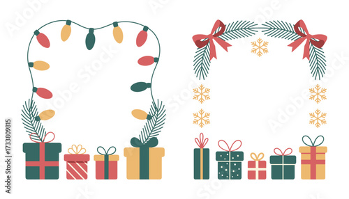 Festive christmas frames with colorful gift boxes, pine branches, bows, and string lights