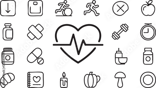 Vector Icons Set of Nutrition, Wellness and Exercise for Healthy Lifestyle