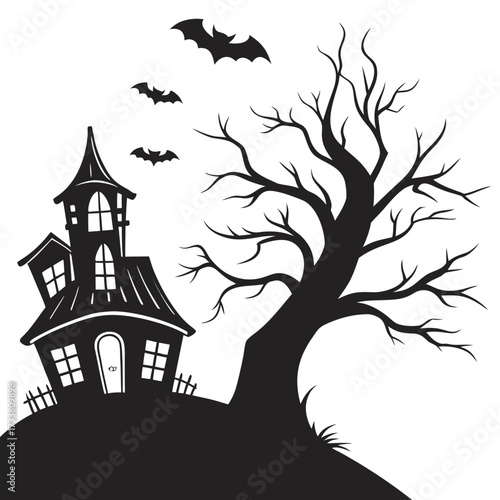 Black silhouette of a haunted house and bare tree on a hill with bats