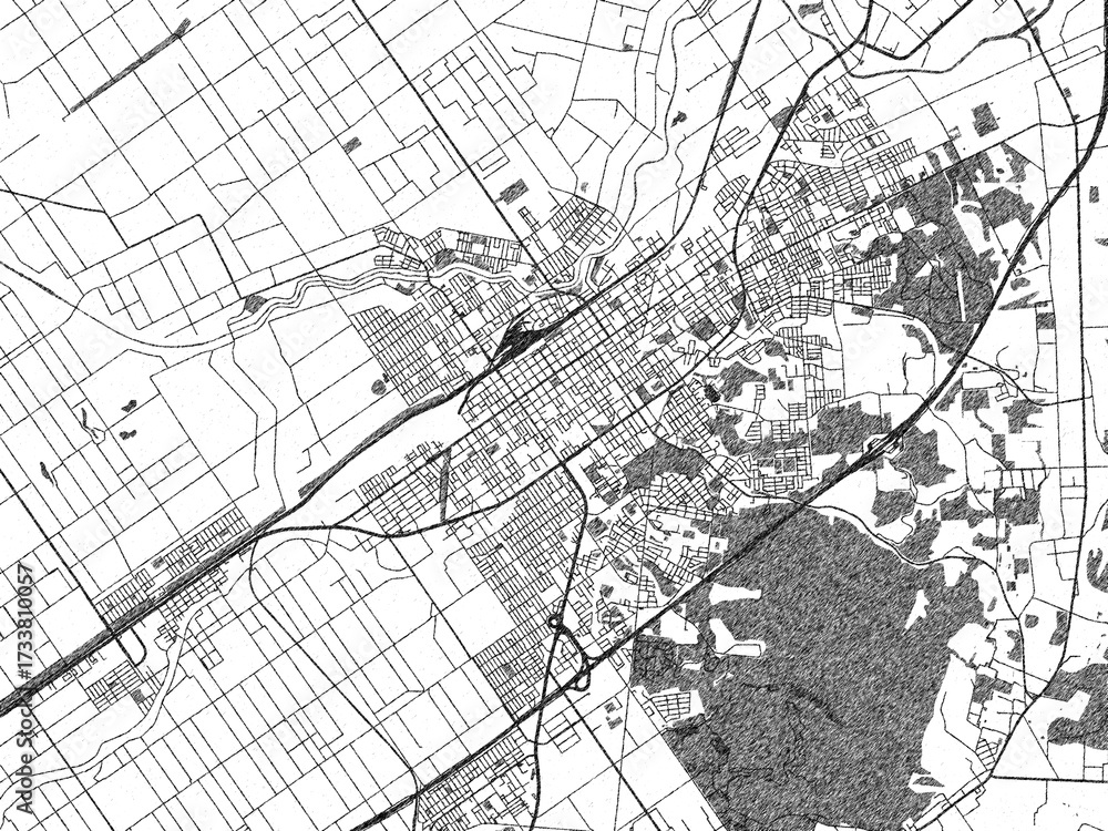 Naklejka premium Stylized decorative city map of Iwamizawa, Japan, hand-drawn in black and white.