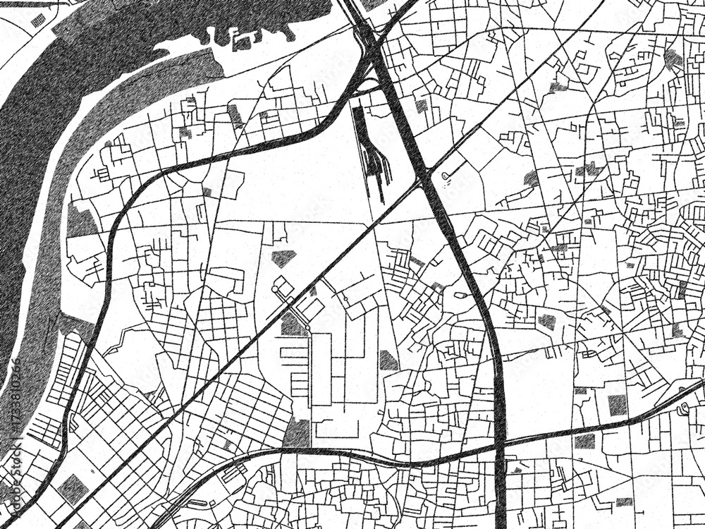 Naklejka premium Poster-ready monochrome city map of Kadoma, Japan, with detailed streets and rivers.
