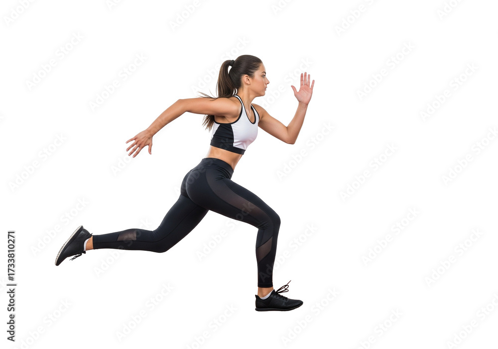 Obraz premium Fit young woman runner sprinting in sportswear, isolated on white background.