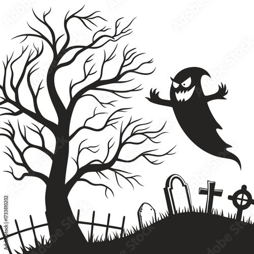 Black silhouette of a spooky ghost in a graveyard with a bare tree