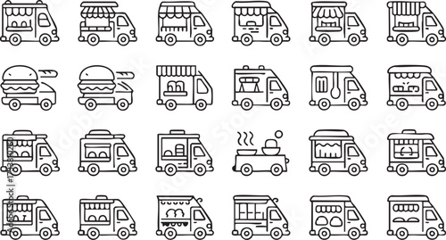 Vector Icons Set of Food Trucks and Street Food Vendors for Mobile Dining