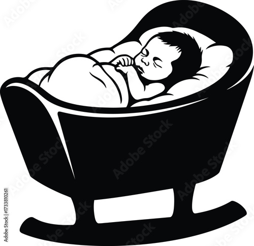 Sweet newborn baby sleeping soundly in a cozy rocking bassinet vector graphic illustration depicting childhood infancy innocence parenthood and a peaceful family moment.