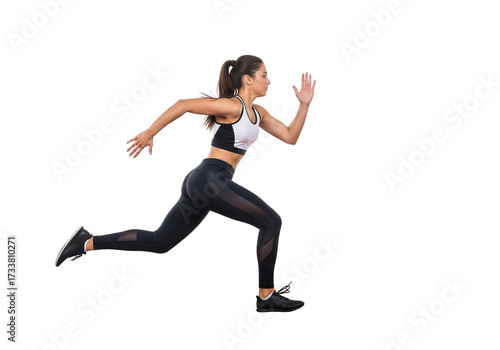 Fit young woman runner sprinting in sportswear, isolated on white background.