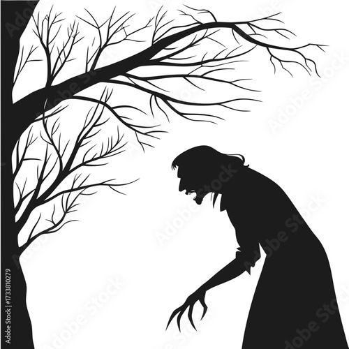 Black silhouette of a witch and bare tree branches