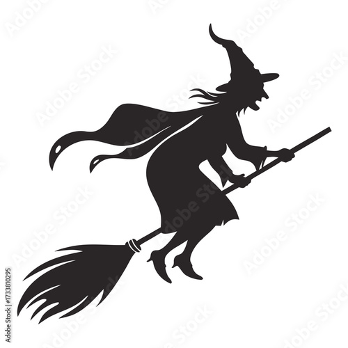 Black silhouette of a witch flying on a broomstick