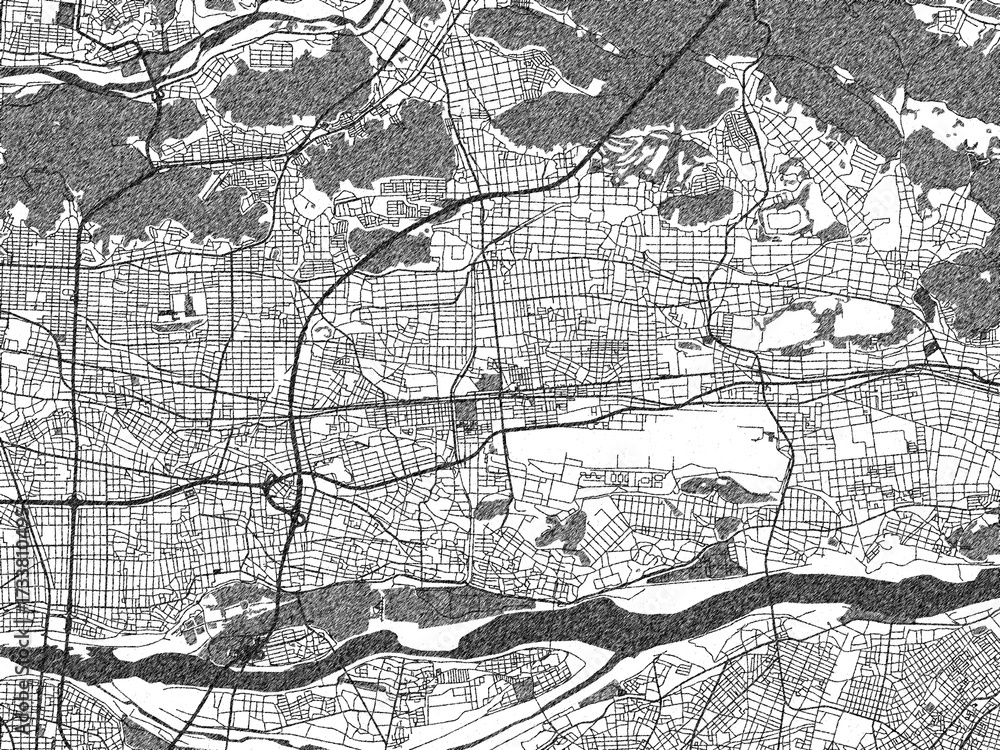 Fototapeta premium Hand-drawn style black and white city map of Kakamigahara, Japan, with detailed streets and textures.