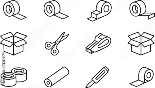 Outline Icons of Packaging and Shipping Tools with Cardboard Boxes and Scissors
