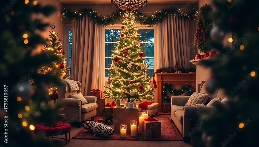 Obraz premium a cozy christmas living room illuminated with warm lights and festive decorations