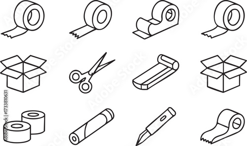 Packaging Supplies Line Icons with Tape, Scissors, Boxes and Wrapping Tools
