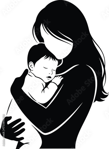 Loving mother tenderly embracing and cradling her sleeping newborn baby vector illustration graphic in black and white depicting motherhood love care and family bond.