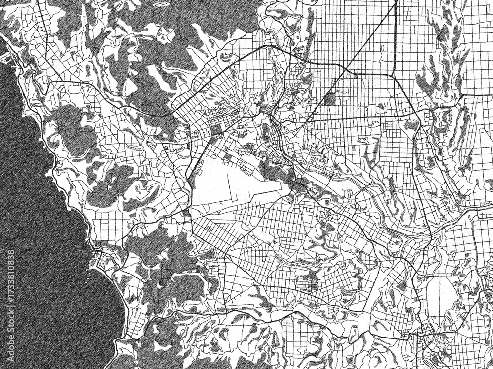 Fototapeta premium Decorative monochrome illustration of Kanoya, Japan, showing its detailed grid.