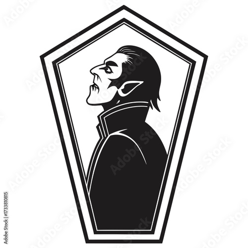 Black vampire silhouette in coffin shape black and white