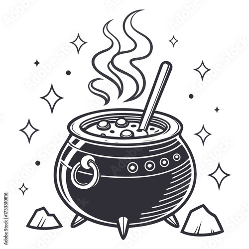 Black witch cauldron with bubbling potion and stars 1