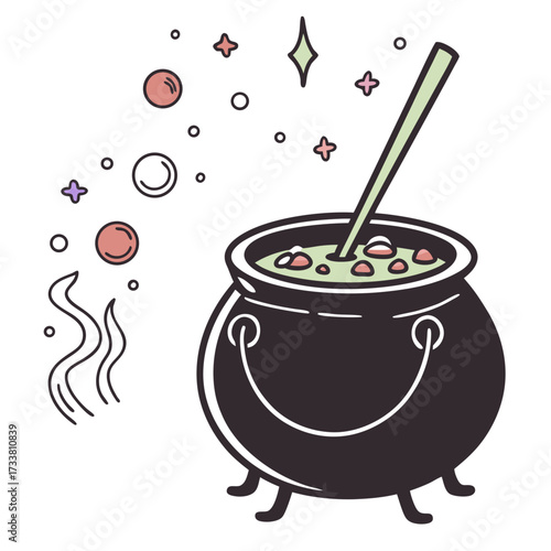 Black witch cauldron with green bubbling potion and stars