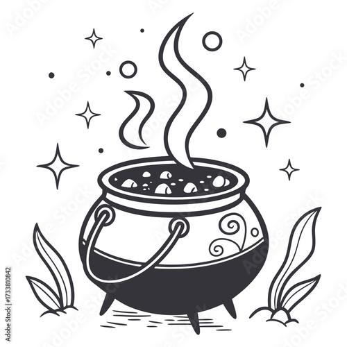 Black witch cauldron with bubbling potion and stars
