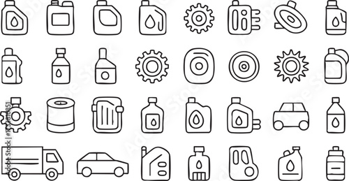 Vector Icons Set of Car Care Products Including Oil, Lubricant and Gear Symbols