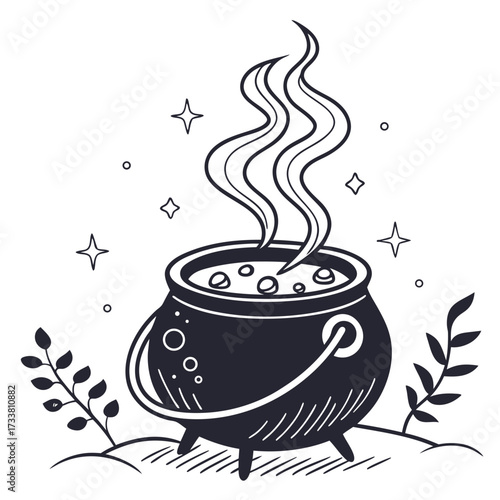 Black witch cauldron with bubbling potion and steam
