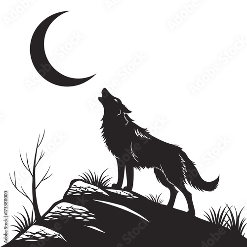 Black wolf howling at crescent moon on rocky hill night 1