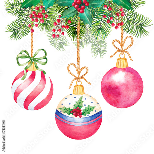 New Year's tree decorations, balls. Watercolor illustration.