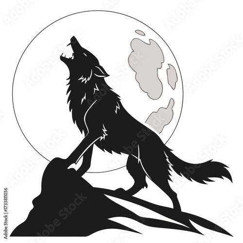 Black wolf howling at full moon vector illustration