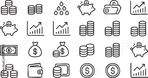 Finance and Savings Line Icons Set with Piggy Bank, Coins, Wallet, Growth Chart and Dollar Symbols Vector Illustration