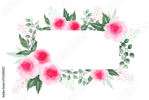 Rose and leaf card template. Watercolor illustration.