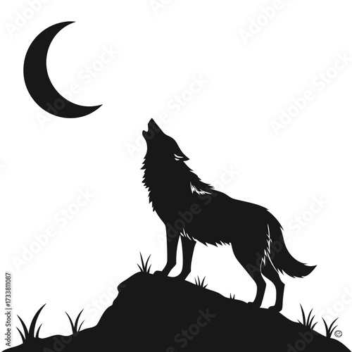 Black wolf silhouette howling at crescent moon on rocky ground