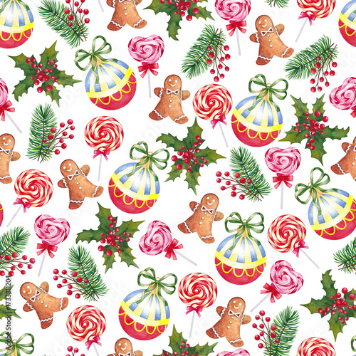 Seamless pattern of Christmas decorations. Watercolor illustration.