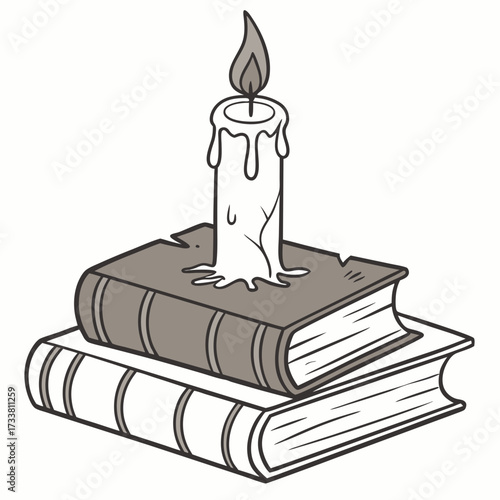 Burning candle dripping wax on stacked books melting