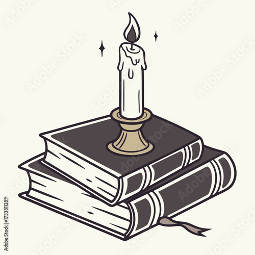 Burning candle on stack of books illustration flame 1