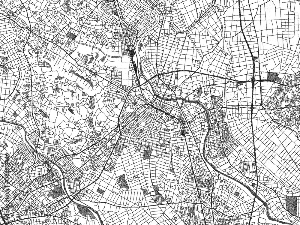 Naklejka premium Sketch-style black and white map of Kasukabe, Japan, perfect for illustration and wall art.