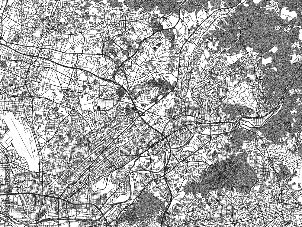 Naklejka premium Detailed artistic sketch map of Kasugai, Japan, in monochrome black and white.