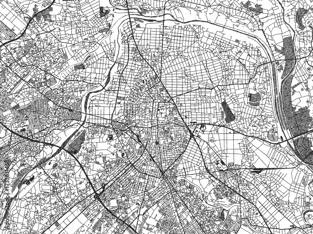 Naklejka premium Poster-ready monochrome city map of Kawagoe, Japan, with detailed streets and rivers.